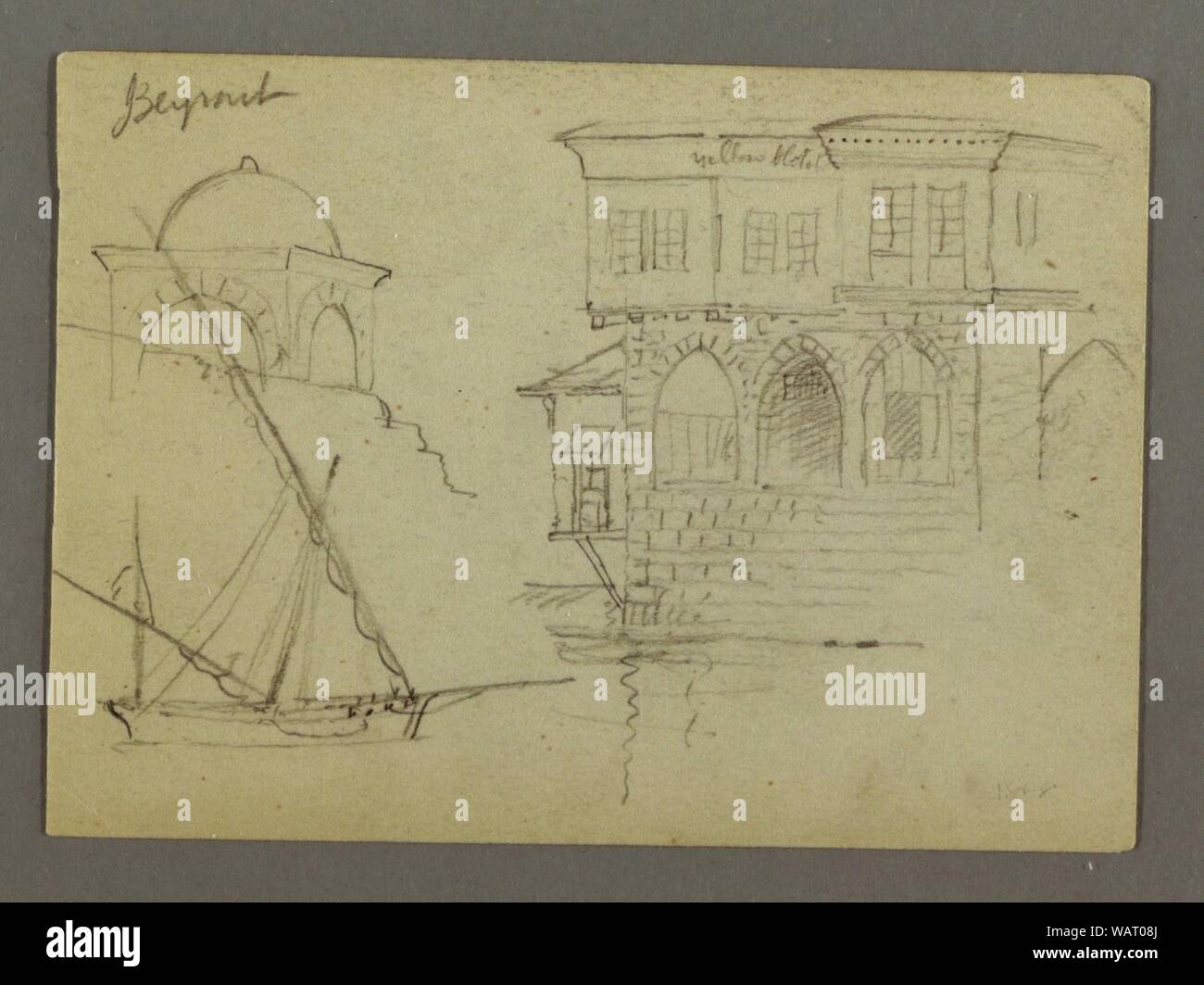 Dessin, croquis d'une structure en forme de dôme, navire, et maison seigneuriale, Janvier 1868 Banque D'Images