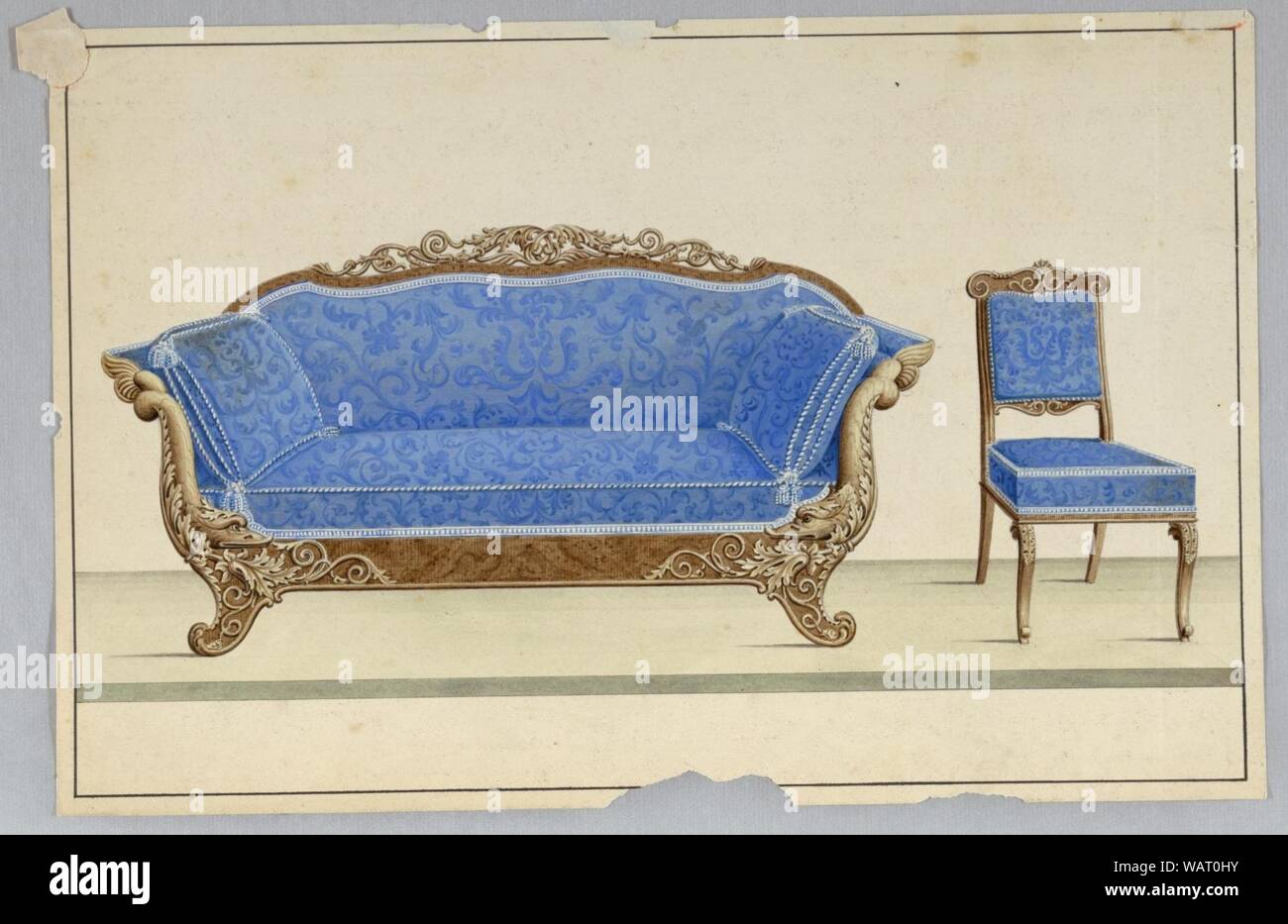 Dessin, canapé et fauteuil en tissu bleu, 1850-1900 Banque D'Images