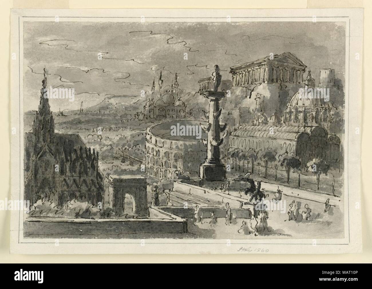 Dessin, mise en scène, l'agglomération de divers bâtiments, 19e siècle Banque D'Images