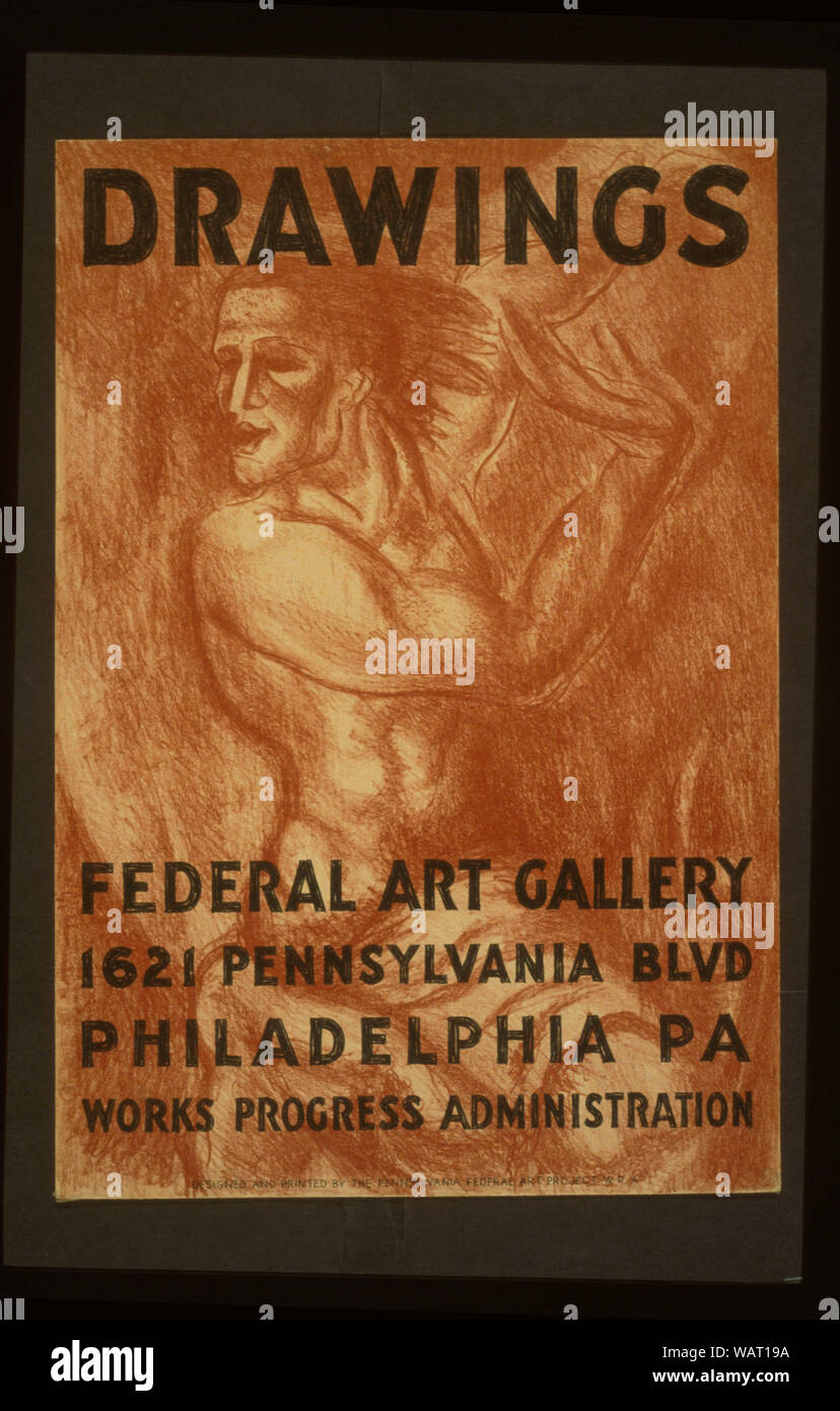 Dessins Résumé : Affiche pour le projet d'art fédéral exposition de dessins à la galerie d'Art, 1621 Washington Blvd., Philadelphie, Pennsylvanie, montrant le dessin de l'homme. Banque D'Images