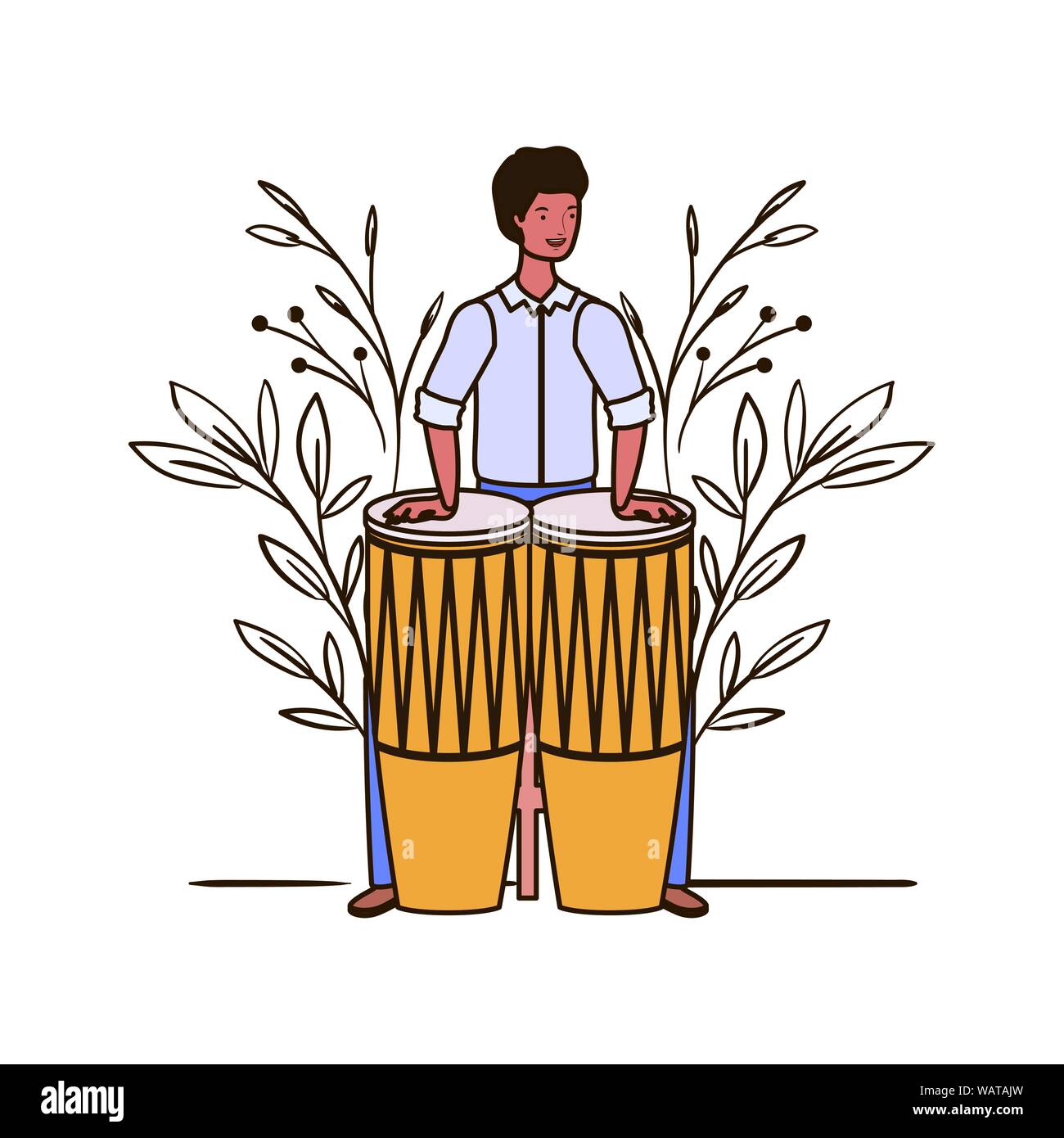 Homme avec les congas et les branches et les feuilles dans l'arrière-plan Illustration de Vecteur