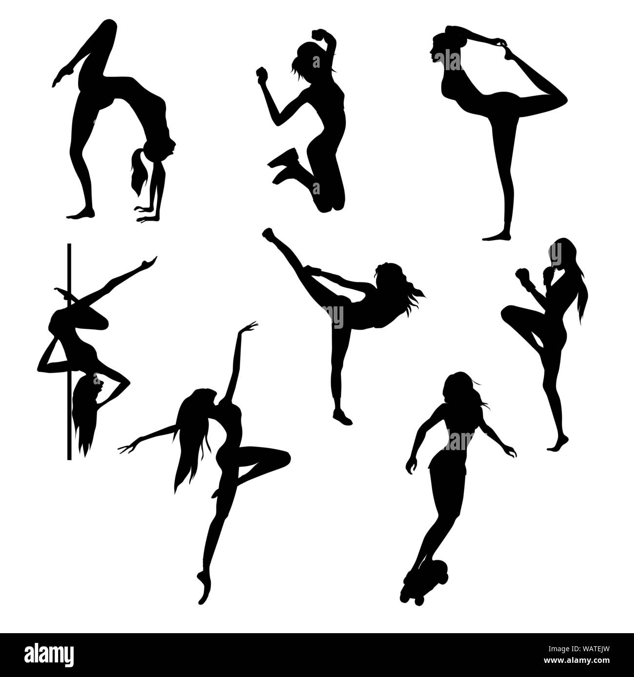 Jeu de silhouettes féminines de divers sports. Belles filles minces personnages de télévision cartoon style vector illustration. Illustration de Vecteur