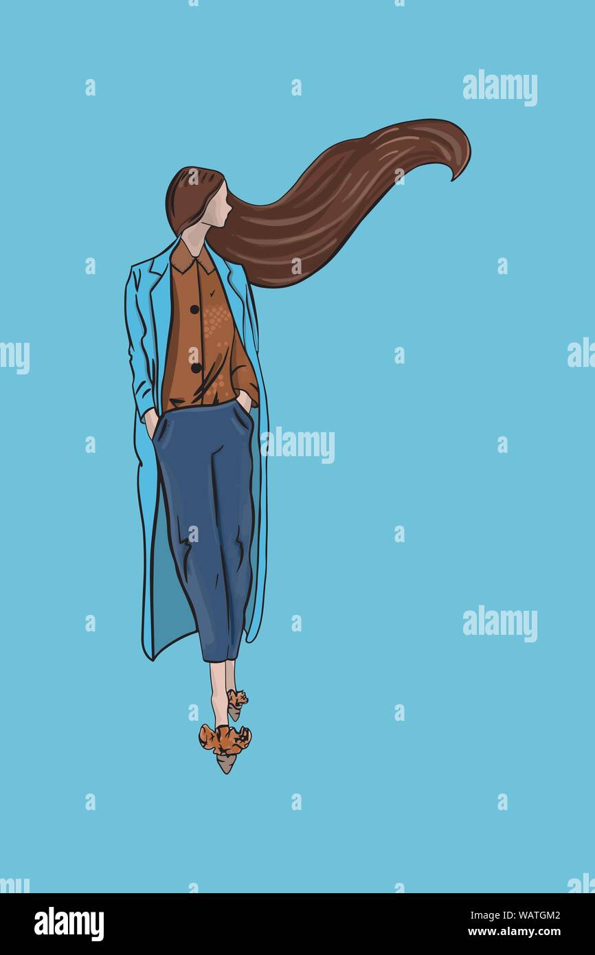 Vector illustration de mode d'une fille modèle dans des vêtements à la mode sur un fond bleu texture Illustration de Vecteur
