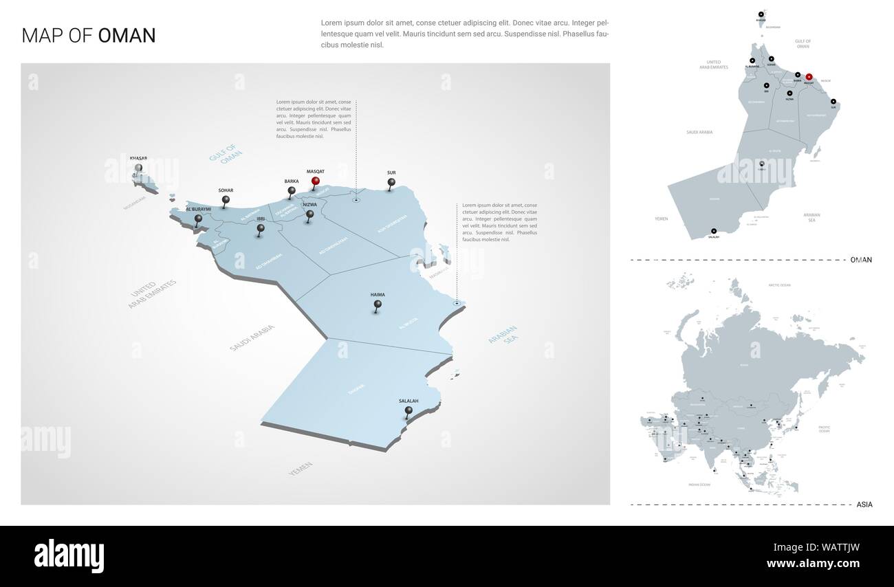 Vector set d'Oman pays. Carte en 3D isométrique, Oman, de l'Asie carte carte - avec la région, l'Etat et les noms les noms de ville. Illustration de Vecteur