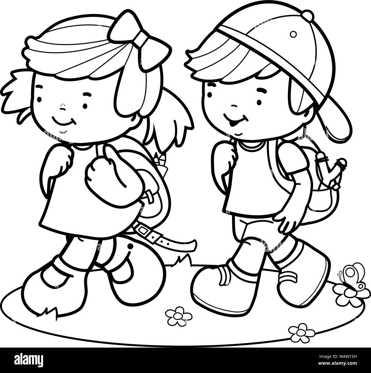 Vector Image En Noir Et Blanc Indiquant Les Eleves De L Ecole A Pied Page De Livre De Coloriage Image Vectorielle Stock Alamy