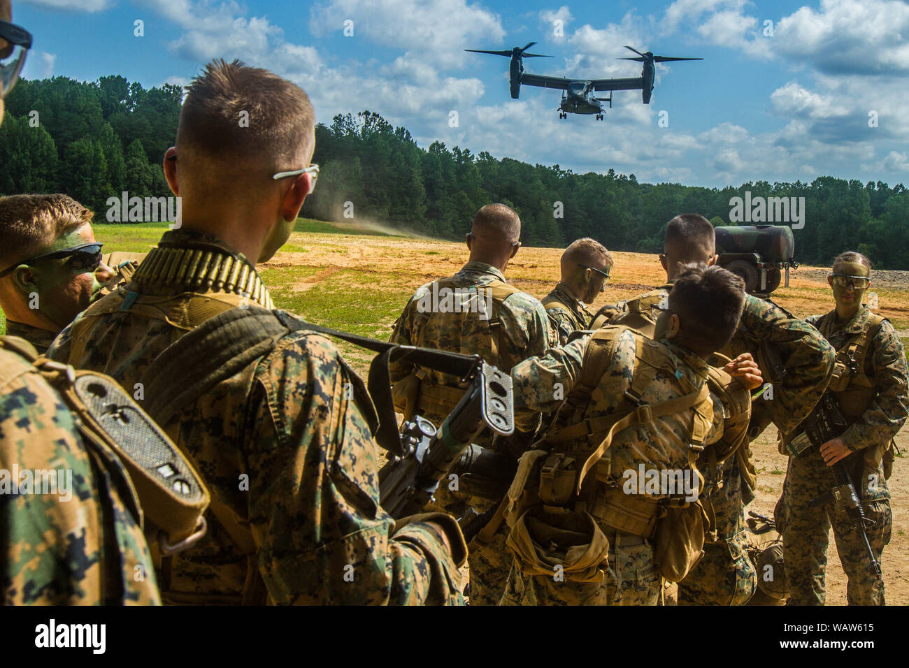 Marines participant à la préparation de cours élémentaire d'officier à bord d'un MV-22B Osprey avec Marine Escadron d'1 Base du Corps des Marines à Quantico (Virginie), le 24 juillet 2019. Le cours d'agent de base est de 8 mois et est conçu pour former et éduquer ou nommés récemment mis en service dans le haut niveau de connaissances professionnelles, à l'esprit de corps, et le leadership pour les préparer au travail aussi leurs supérieurs hiérarchiques dans le Marine Corps, avec un accent particulier sur les fonctions, responsabilités et compétences tactiques nécessaires d'une carabine commandant de peloton. (Photo de l'US Marine Corps par Slt est Banque D'Images