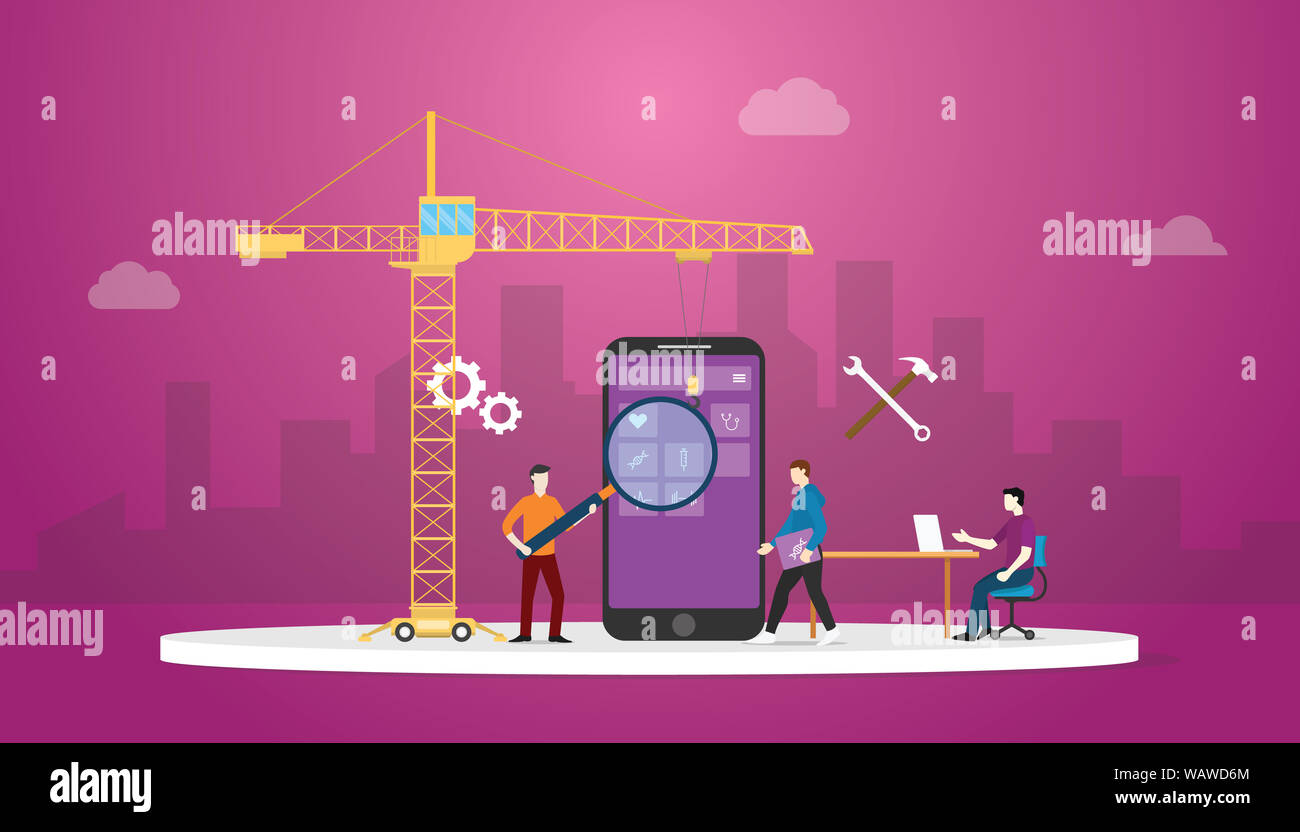 La technologie de développement des applications mobiles avec Team Developer et grue d'arrière-plan de la ville et une télévision moderne style - vector illustration Banque D'Images