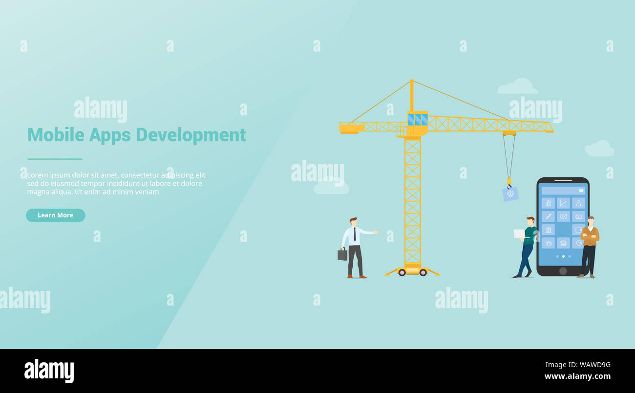 La technologie de développement des applications mobiles avec Team Developer et grue d'une télévision moderne de style et de modèle de site web pour l'atterrissage ou homepage - vector illustra Banque D'Images