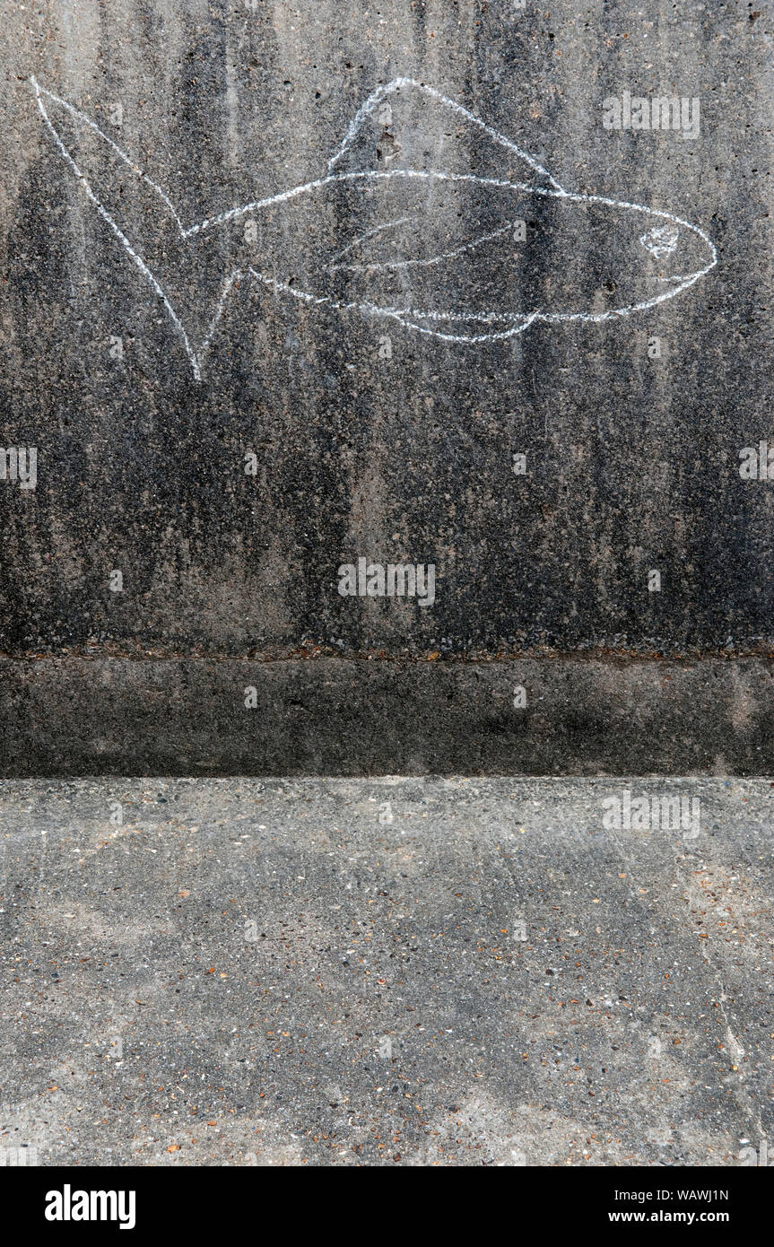 Un dessin à la craie d'un poisson sur une défense contre la mer de béton Banque D'Images