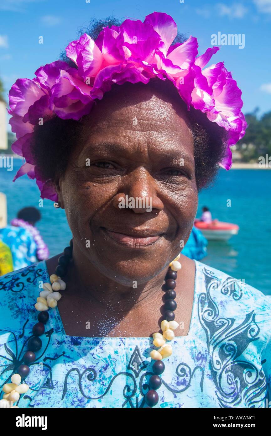 Les femmes âgées en robe colorée, portrait, Port Vila, Vanuatu Efate, Banque D'Images