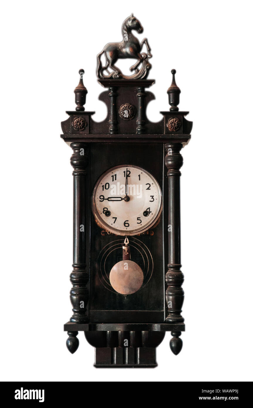 Belle anitique old vintage bois sculpté horloge murale cheval japonais pendaison isolé sur fond blanc Banque D'Images