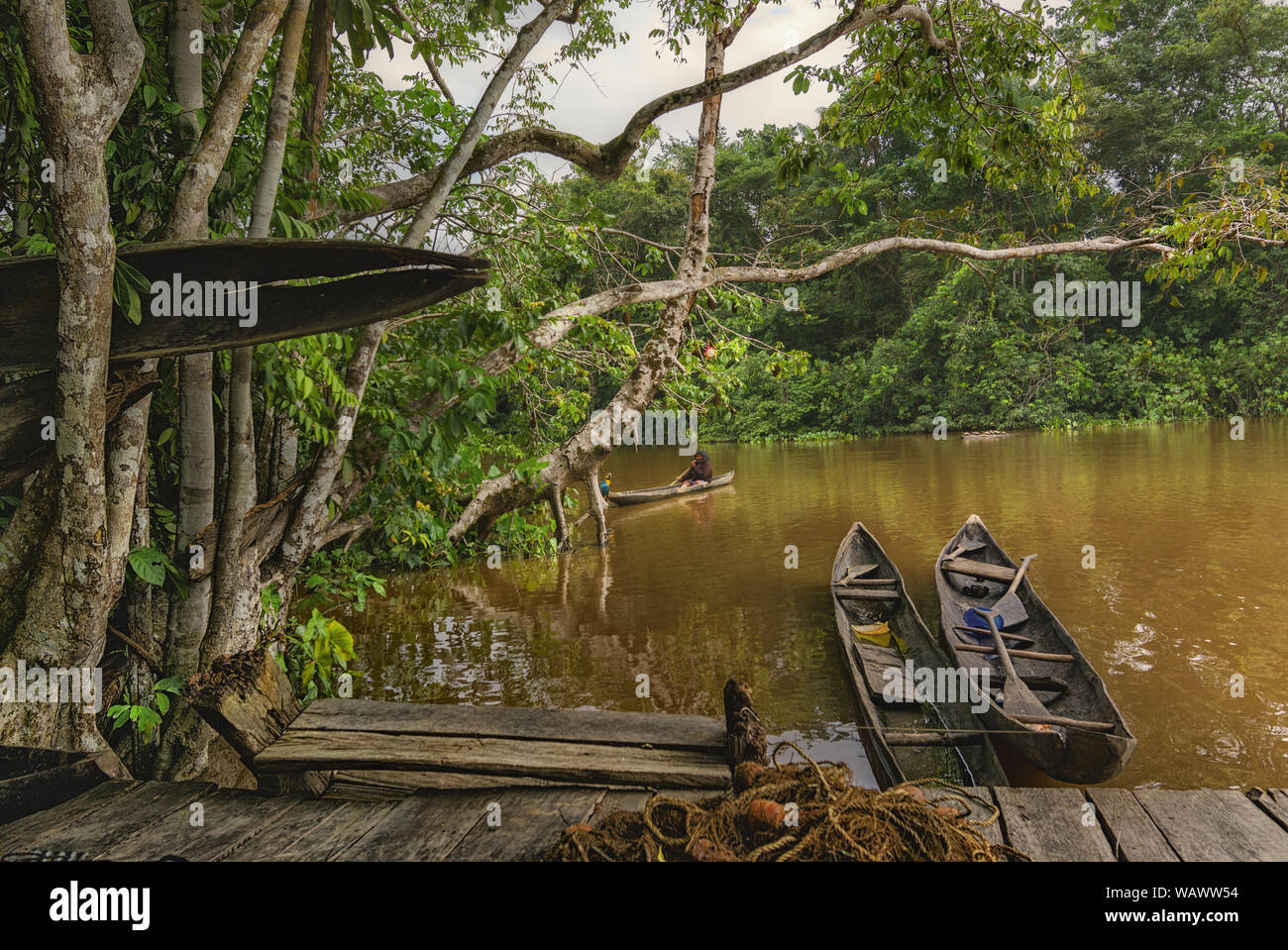 Vieux port de pêche amarre en jungle tropicale du fleuve Orinoco. Banque D'Images