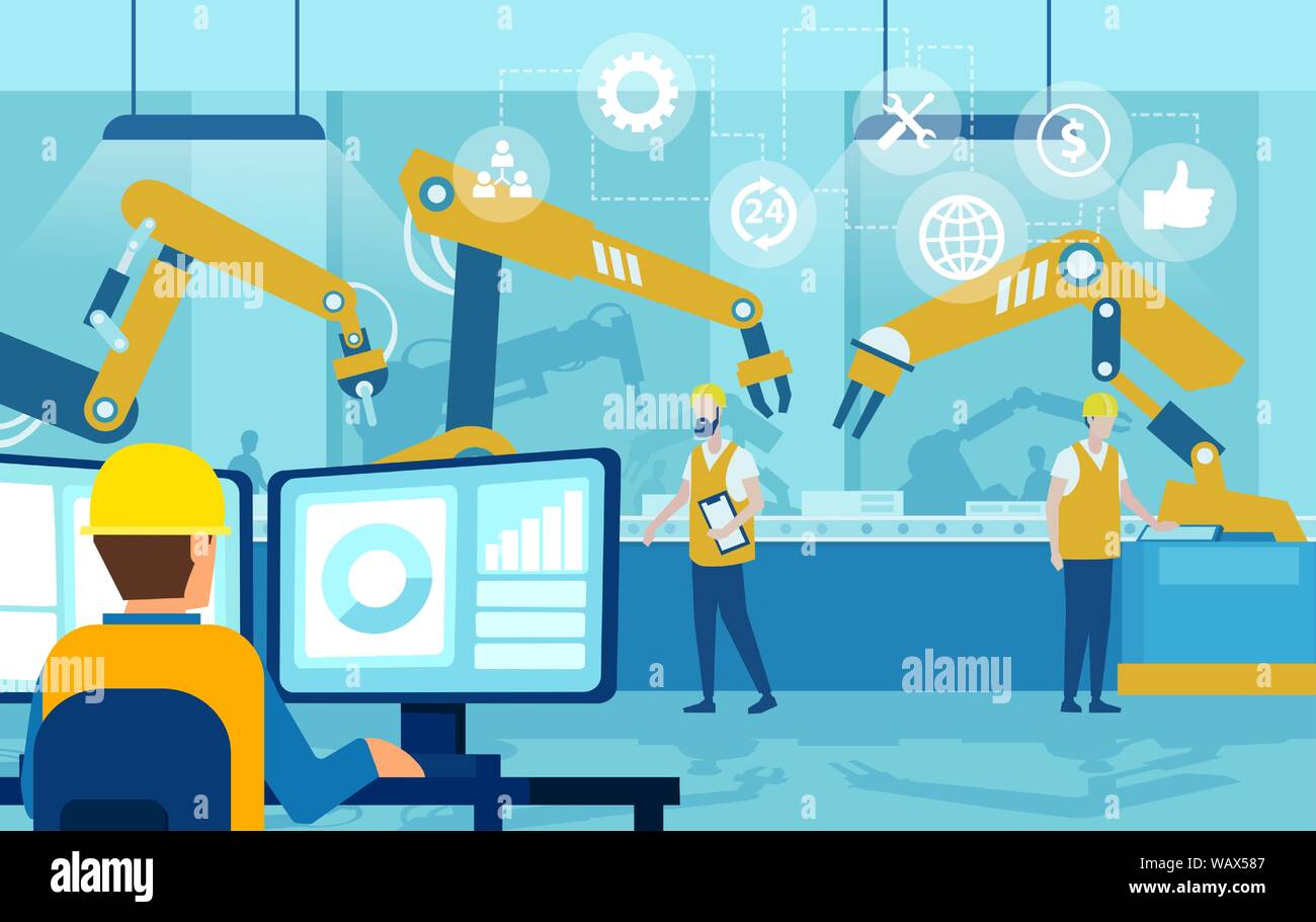 Vecteur d'un ingénieur responsable de l'automatisation, contrôle des bras du robot sur une ligne d'usine Illustration de Vecteur