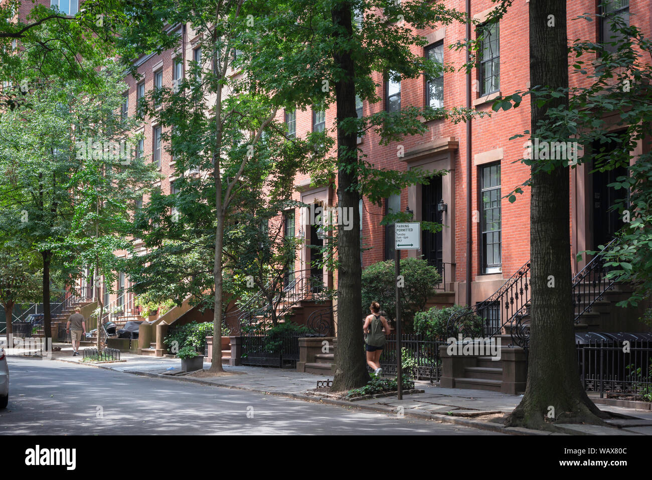 Brooklyn Heights, vue en été le long d'une rue résidentielle typique de grès brun dans le quartier chic de Brooklyn Heights, Brooklyn, New York City, États-Unis Banque D'Images