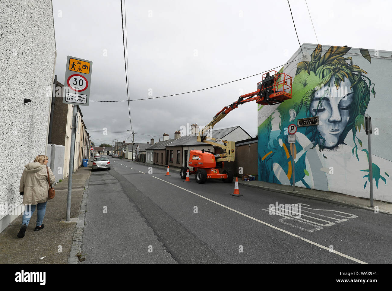 Artiste Français Russ travaille sur une fresque qui fait partie de l'enceinte de Waterford et graffiti street art festival qui se déroule entre 22 et 25 août dans la ville de Waterford, Irlande. Banque D'Images