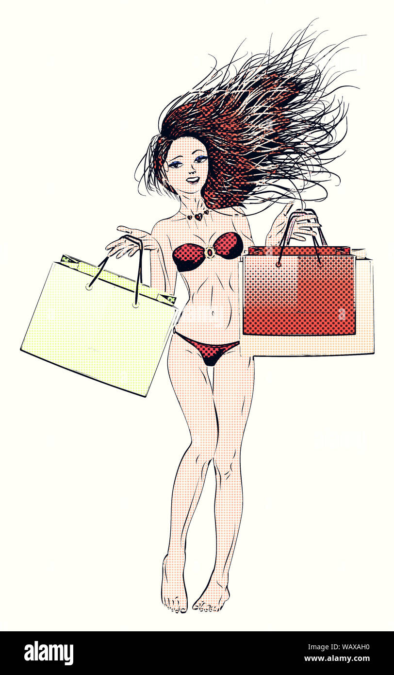 Girl in red bikini with shopping bags, effet de demi-teintes rétro. Banque D'Images