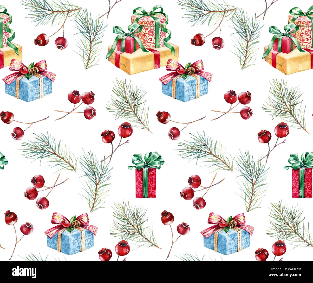 Aquarelle de Noël motif transparent. Illustration peinte à la main avec des arbres de pin, fruits rouges et présente. Maison de vacances d'hiver isolé en arrière-plan de l'affiche Banque D'Images