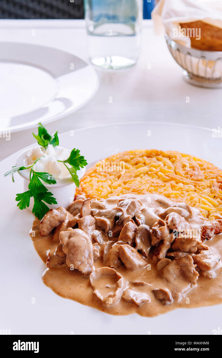 Ragoût de viande de veau de Zurich avec sauce crémeuse aux champignons poêlée de pommes de terre rôties et sauce, Local cuisine suisse dans plaque blanche Banque D'Images