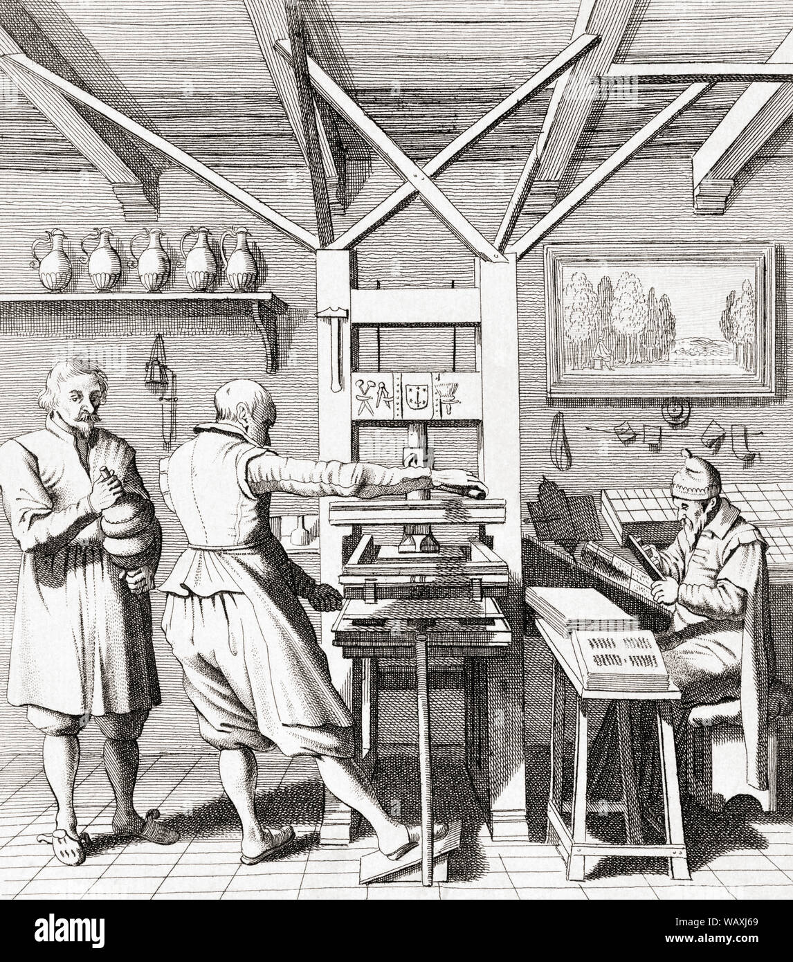 Intérieur d'une presse à imprimer du 15e siècle. Banque D'Images