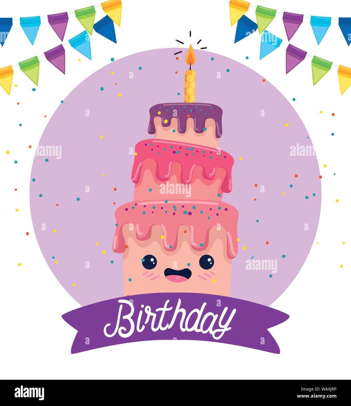 Gâteau sucré avec bougie et décoration ruban Illustration de Vecteur