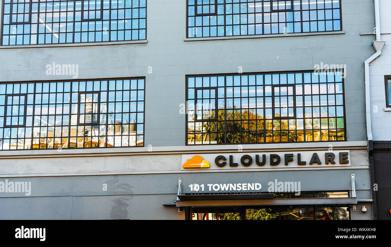 21 août 2019 San Francisco / CA / USA - Vue extérieure de l'administration centrale ; Cloudflare Cloudflare, Inc. est un site web et de l'infrastructure web Ameircan s Banque D'Images