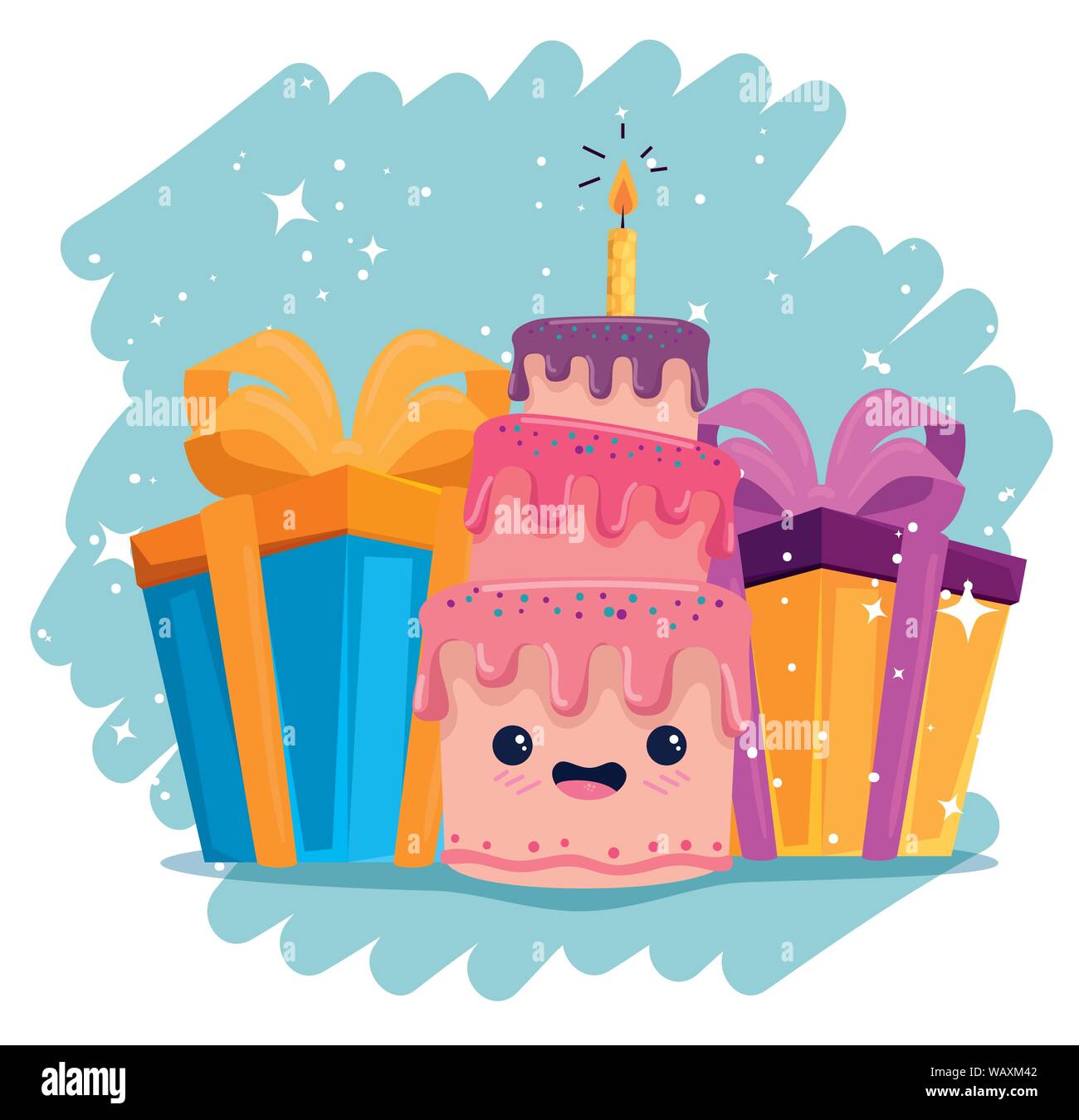 Kawaii gâteau avec bougie et remet des présents Illustration de Vecteur