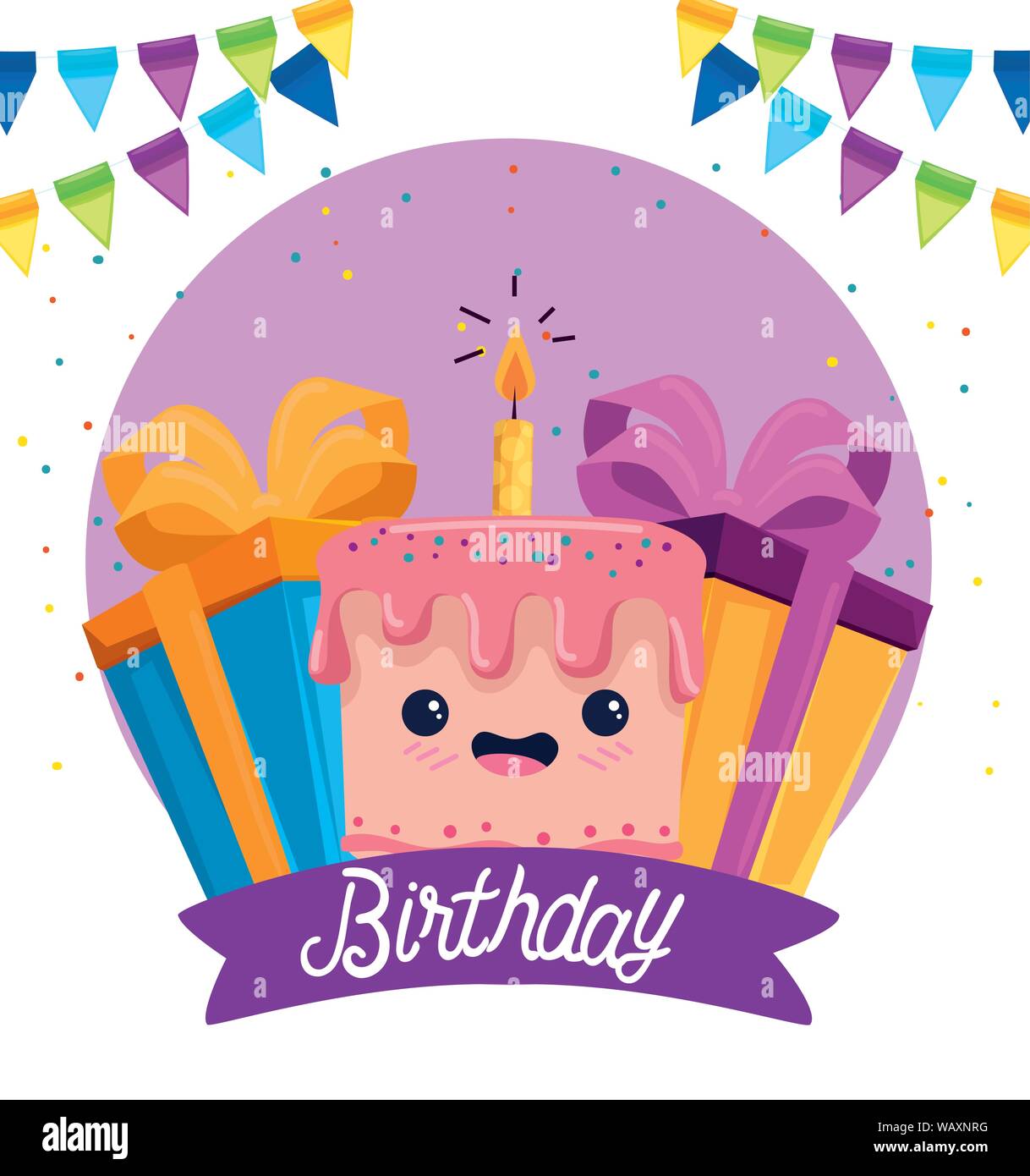 Happy gâteau avec bougie et remet des présents Illustration de Vecteur