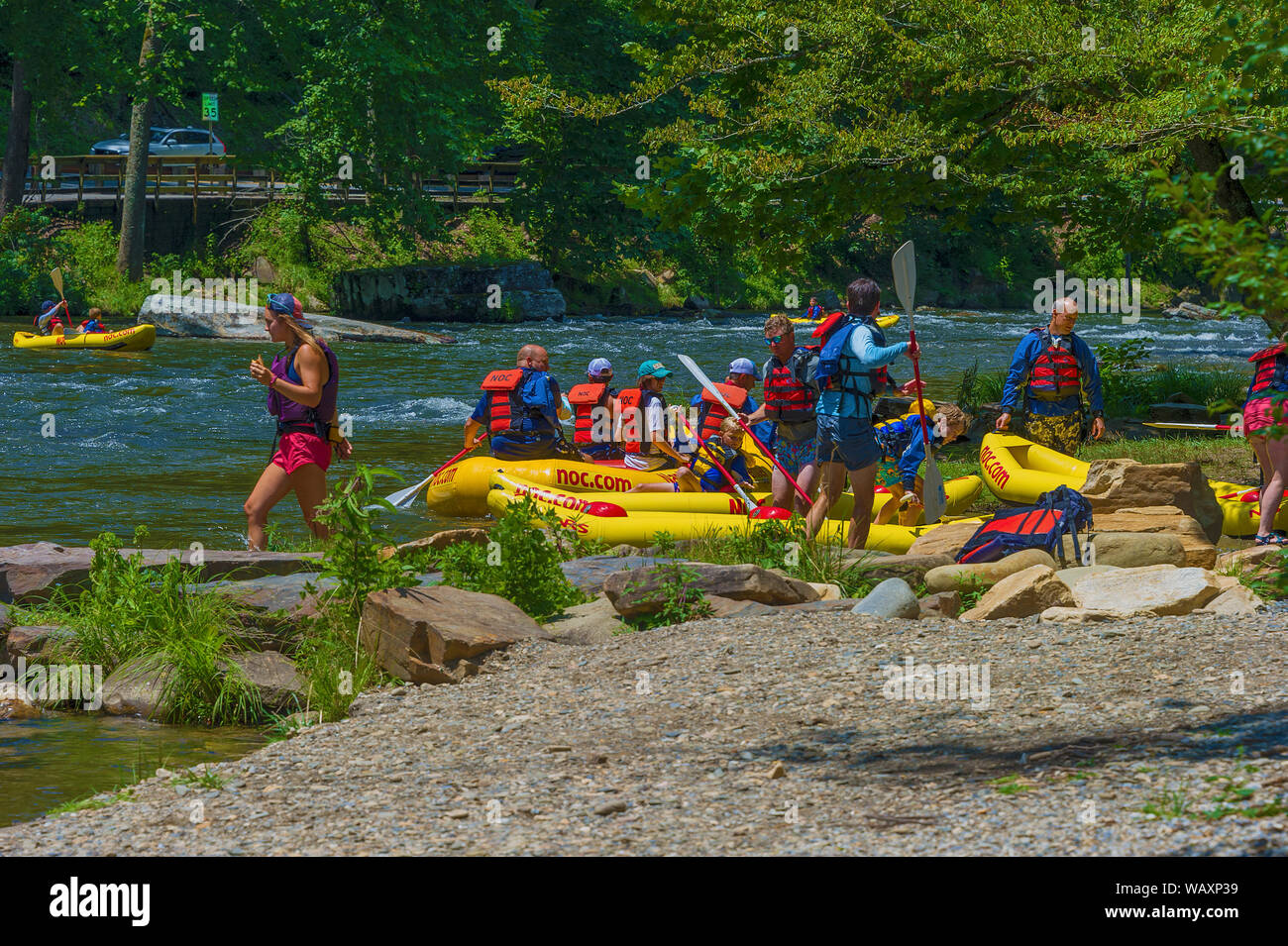 Durham, Caroline du Nord, USA - 3 août 2019 : les chevrons le long de la berge de la rivière Nantahala au Centre de plein air de Nantahala. Banque D'Images