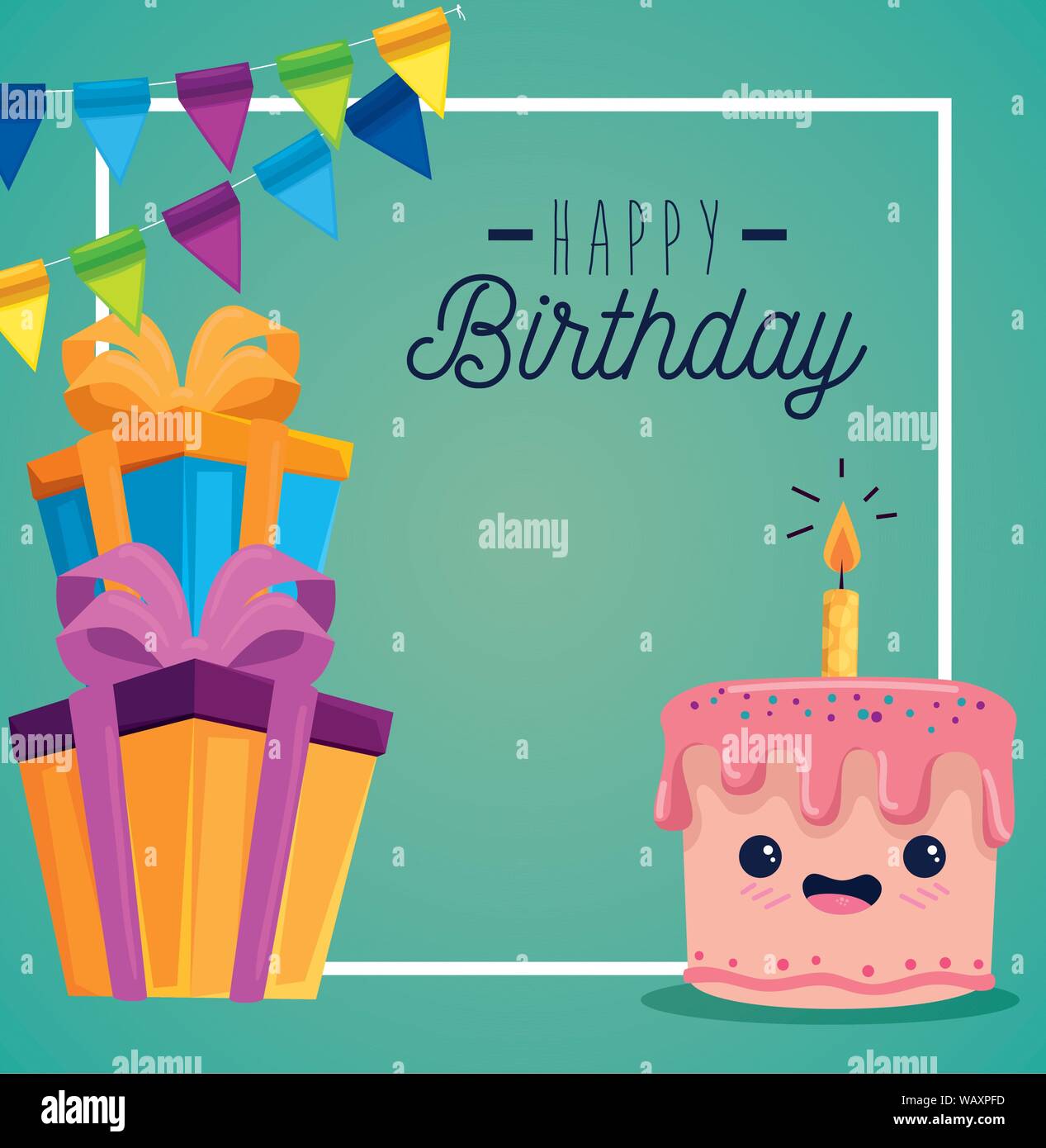 Happy gâteau sucré avec bougie et remet des présents Illustration de Vecteur