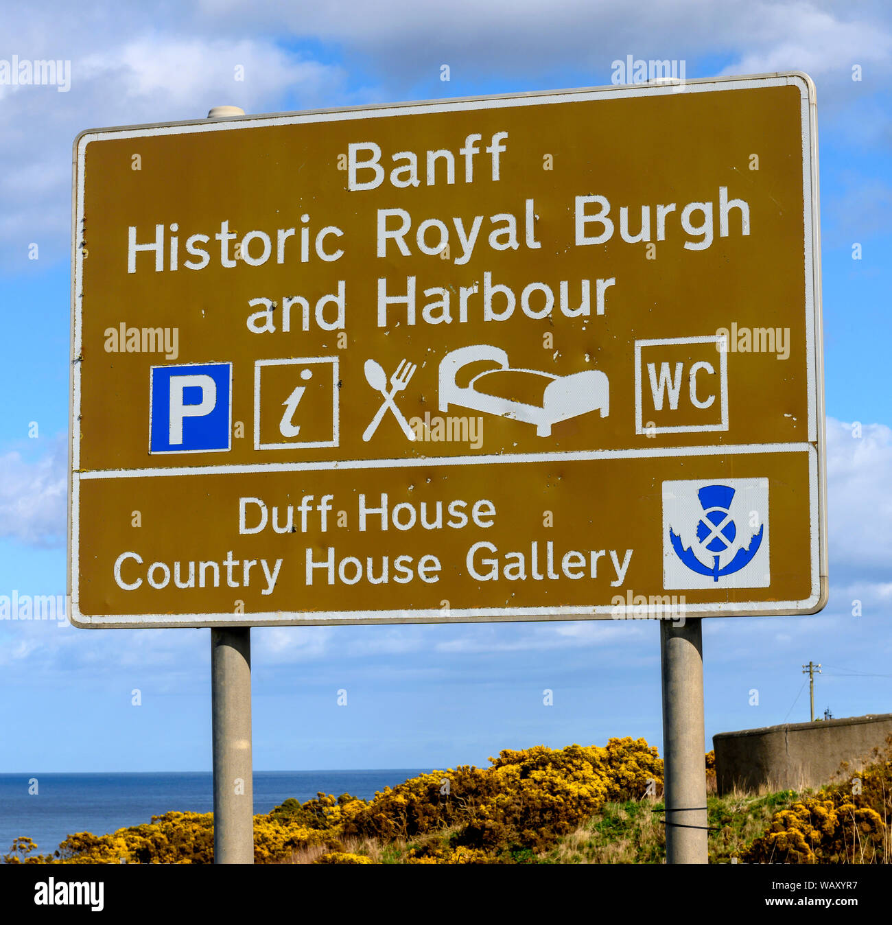 Panneau de bienvenue à Banff Royal Burgh historique et le port, Banff, Aberdeenshire, Scotland, UK Banque D'Images