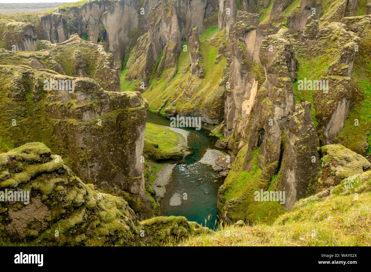 Fjadrargljufur Islande canyon avec des falaises moussues et limpides rivières dans le sud de l'Islande Banque D'Images