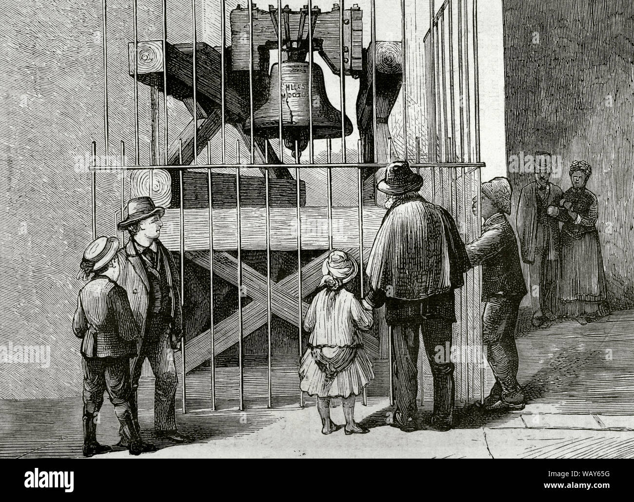 United States. Philadelphie, Pennsylvanie. Liberty Bell. L'Independence Hall. Le 8 juillet 1776, la cloche de la liberté sonna de la tour de l'Independence Hall, convoquant les citoyens de Philadelphie pour la première lecture publique de la Déclaration d'indepedence. Les visiteurs qui envisagent la cloche. La gravure. La Ilustracion Española y Americana, 22 juin 1876. Banque D'Images