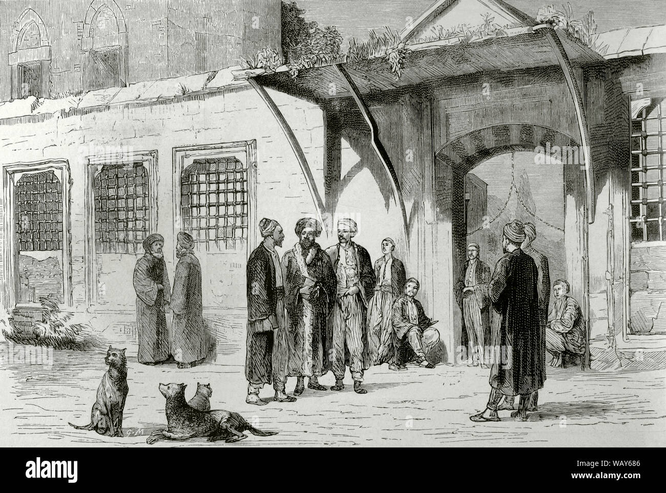La question de l'Est. Serbian-Turkish Wars (1876-1878). La Serbie déclare la guerre à l'Empire ottoman le 30 juin 1876. Les Oulémas et Softas dans le péristyle d'une mosquée à Constantinople, de parler de ce qui se passe dans l'Empire Ottoman à l'époque. La gravure. La Ilustracion Española y Americana, le 15 juillet 1876. Banque D'Images