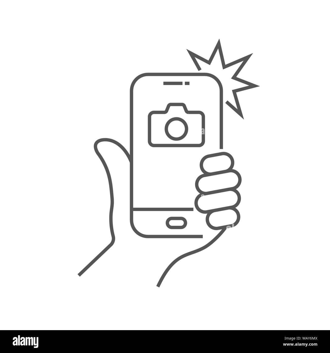 La main tient le smartphone et photographié avec un flash. Photo sur smartphone. Contour modifiable Illustration de Vecteur