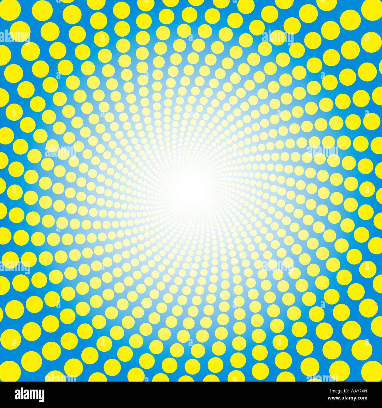 Spirale bleu jaune. Tunnel en pointillés avec Light Centre - illustration fond circulaire torsadée, hypnotique et psychédélique. Banque D'Images