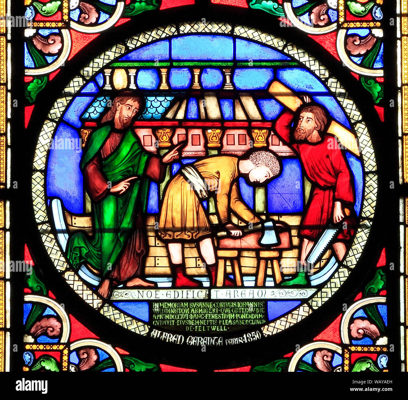 Vitrail, l'arche de Noé, l'arche du bâtiment, charpentiers, par Alfred Gerente de Paris, 1849, Cathédrale d'Ely, Cambridgeshire, Angleterre Banque D'Images Vitrail, l'arche de Noé, l'arche du bâtiment, charpentiers, par Alfred Gerente de Paris, 1849, Cathédrale d'Ely, Cambridgeshire, Angleterre Banque D'Images