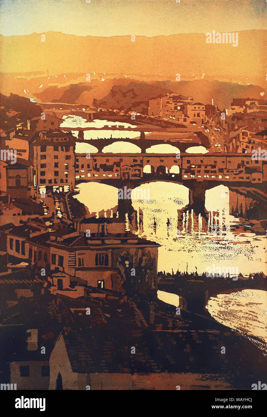 Ponte Vecchio au coucher du soleil dans la ville médiévale de Florence, Italie pendant la nuit. Florence Italie aquarelle fine art Ponte Vecchio imprimer Banque D'Images
