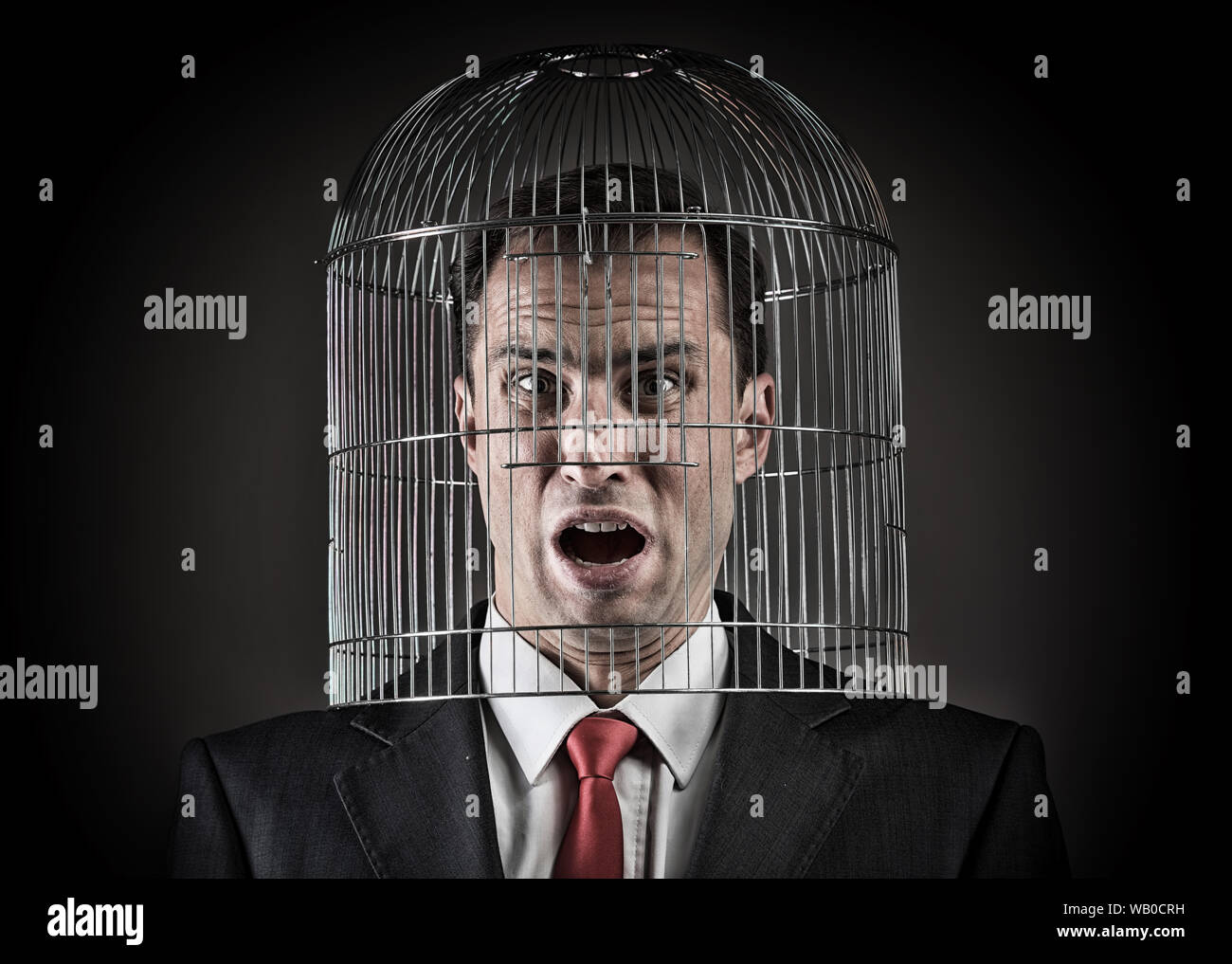 Employée de bureau avec la tête à l'intérieur d'une volière, concept Banque D'Images