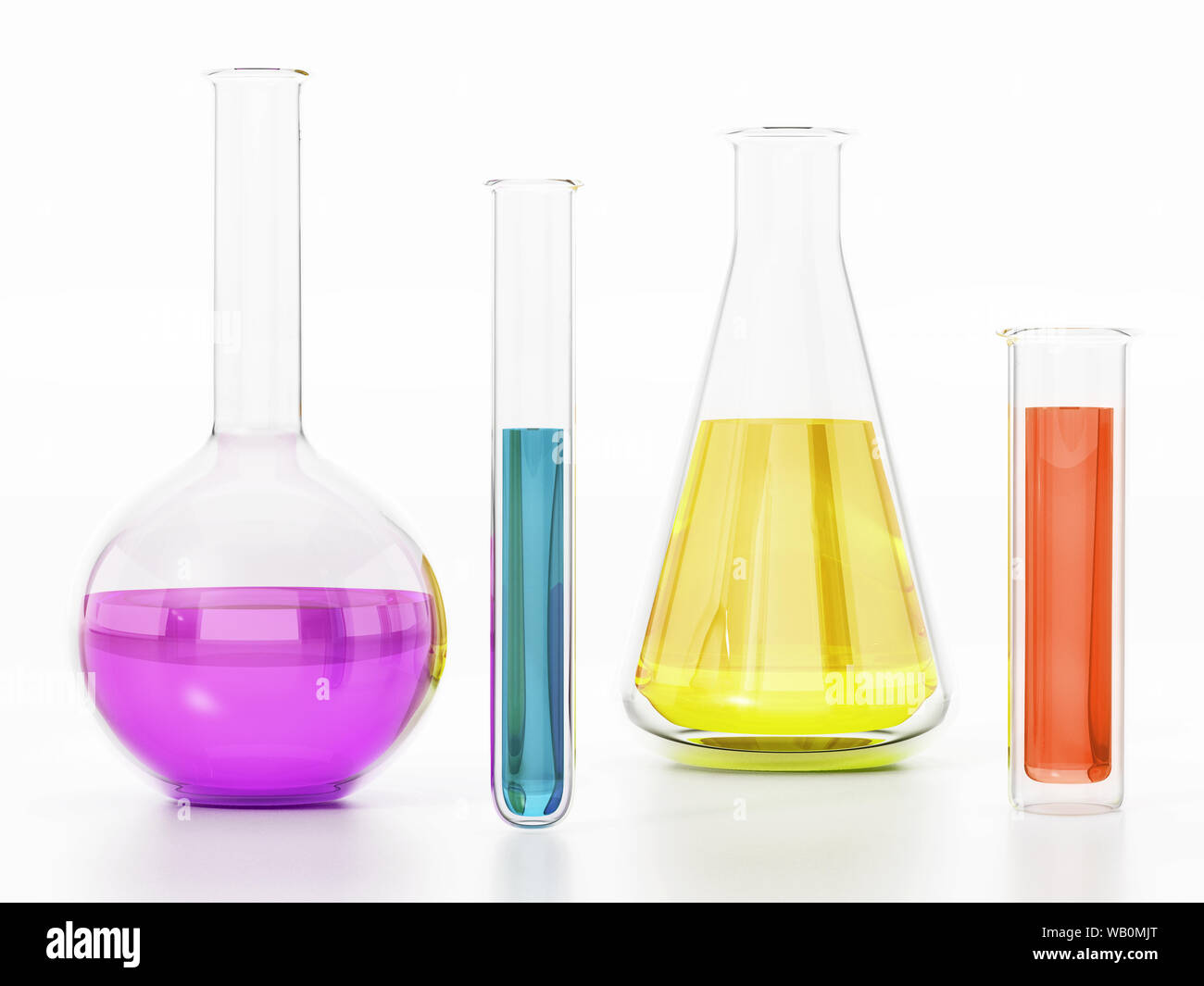 Les tubes de laboratoire avec des liquides colorés isolé sur fond blanc. 3D illustration. Banque D'Images