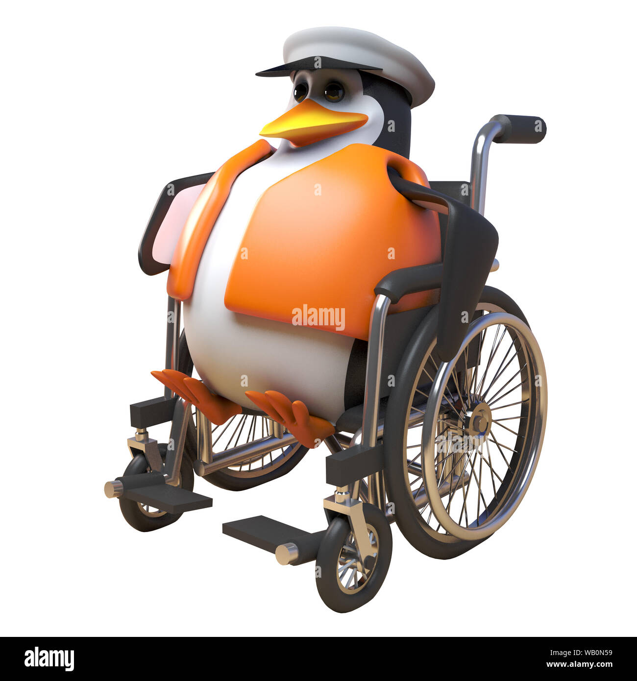 Le capitaine marin pingouin 3d personnage à l'aide d'un fauteuil roulant pour la mobilité, l'illustration 3D render Banque D'Images