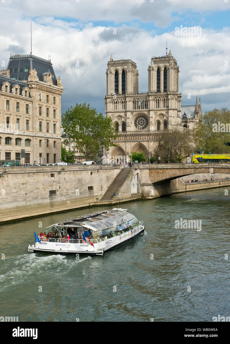 Bateau de croisière passant la cathédrale Notre-Dame, Paris, France Banque D'Images