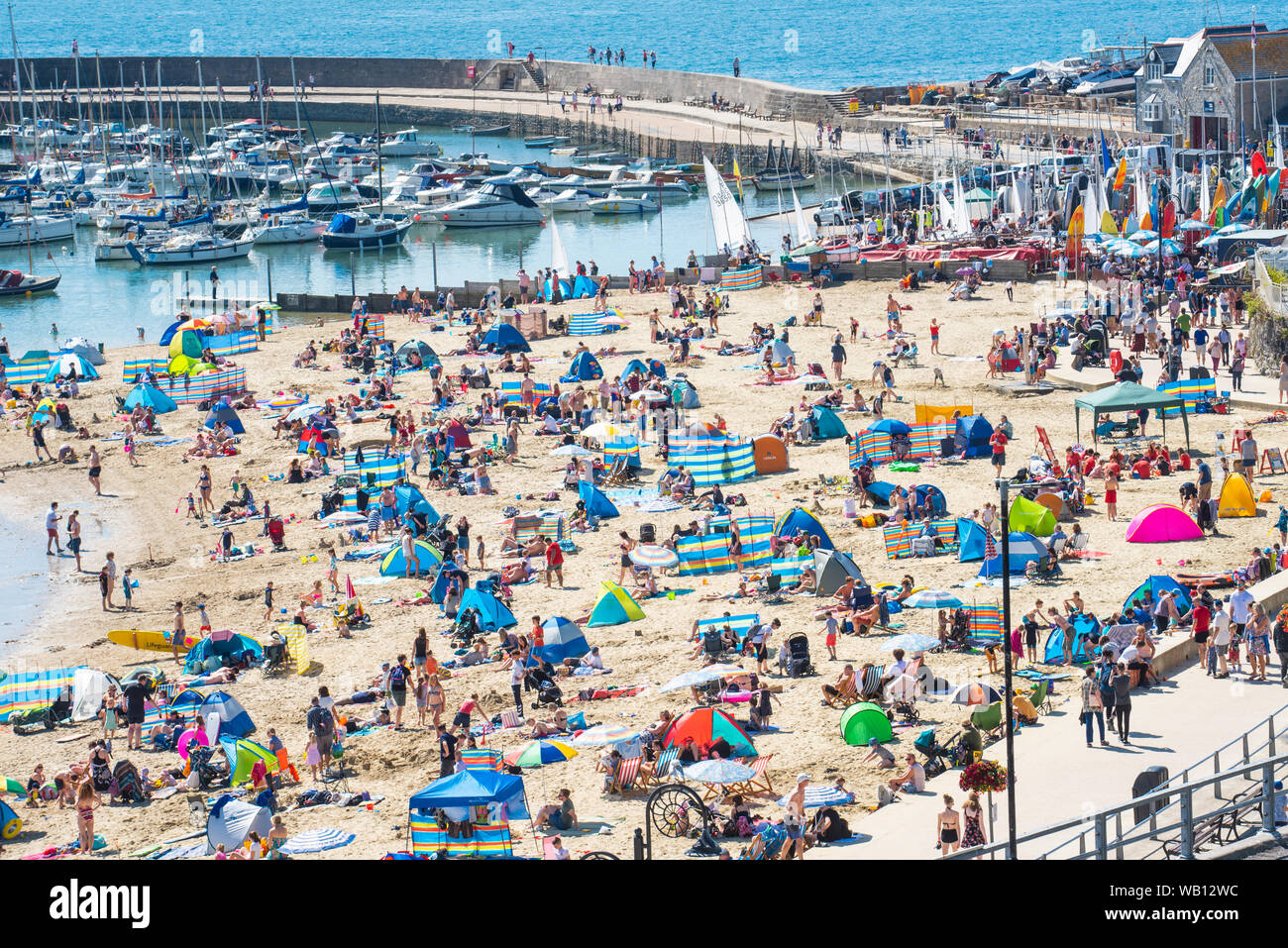 Lyme Regis, dans le Dorset, UK. 23 août 2019. Météo France : un début glorieux à ce qui est défini pour être un nombre record d'août chaud et ensoleillé week-end férié. Les baigneurs et les vacanciers affluent à la plage à la station balnéaire de Lyme Regis pour se prélasser au soleil brûlant comme le MET Office émet une alerte canicule de niveau 3. Credit : Celia McMahon/Alamy Live News. Banque D'Images