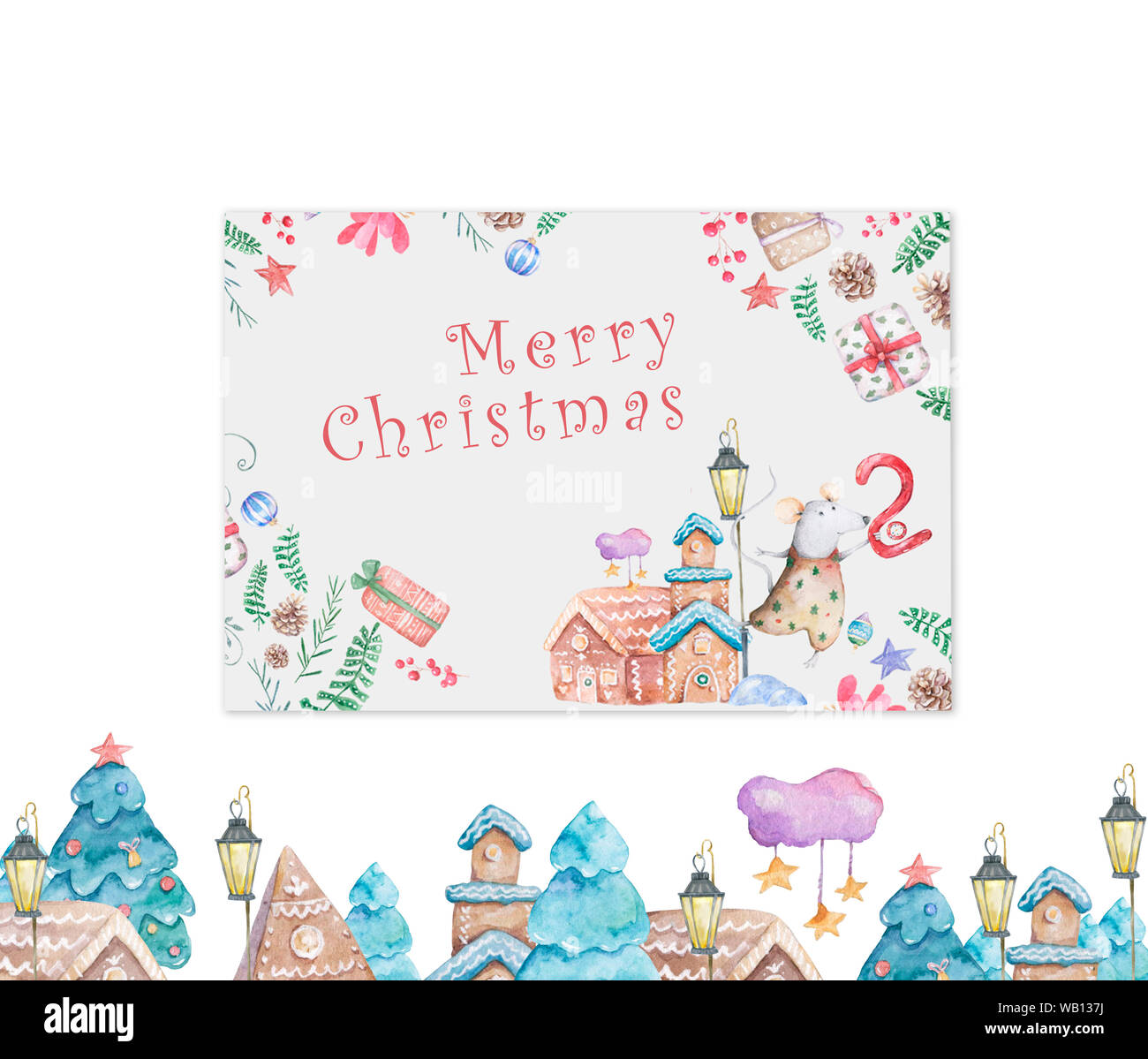 Cartes de vœux aquarelle des fêtes d'hiver avec arbre du nouvel an, boîte-cadeau, ensemble de Noël et motif typographique. Illustration. Illustration dessinée à la main à la Banque D'Images
