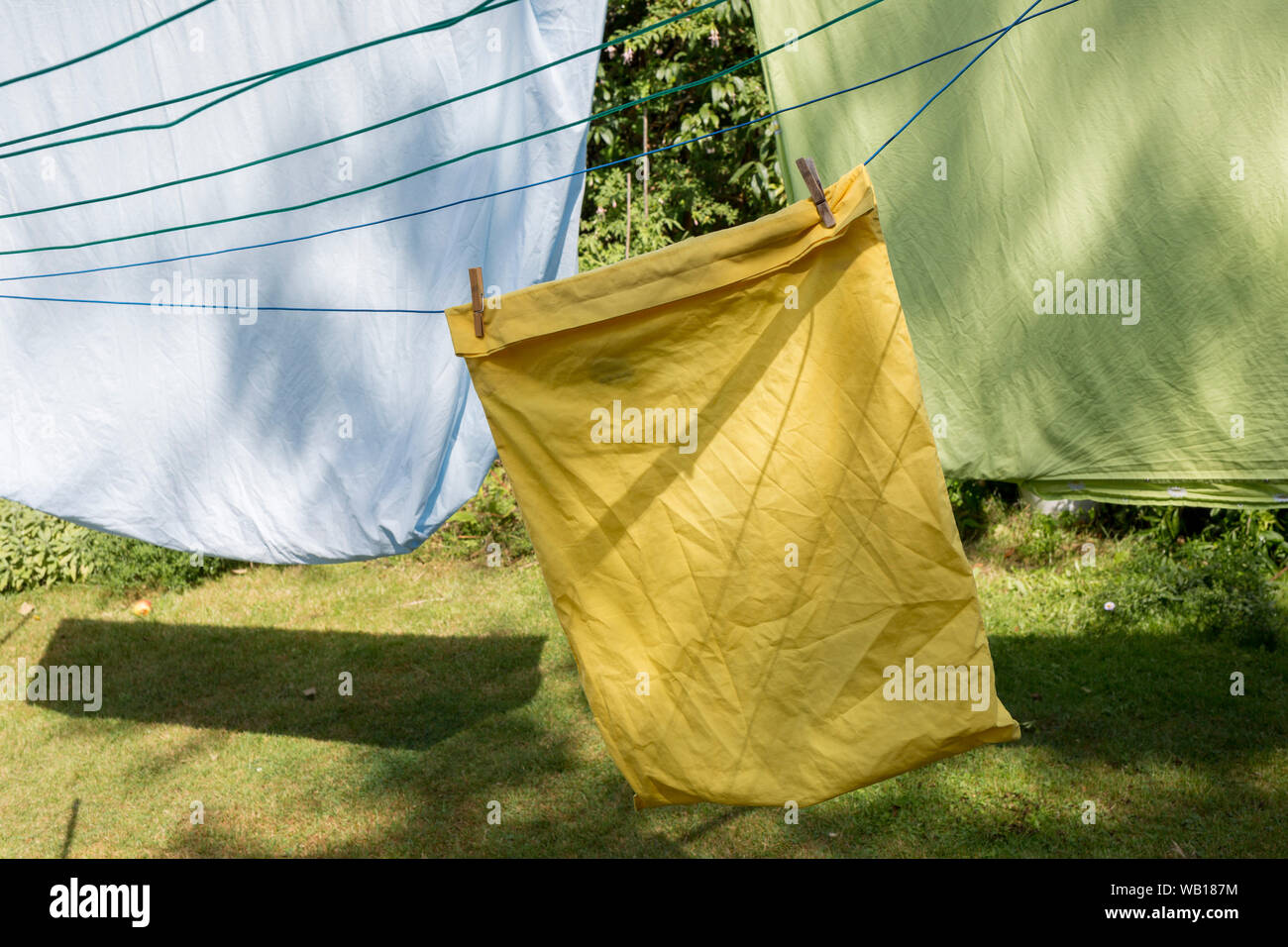 Feuilles vertes et une taie jaune sur une ligne de lavage à sec dans un jardin à l'arrière d'une maison d'habitation du sud de Londres, le 18 août 2019, à Londres, en Angleterre. Banque D'Images