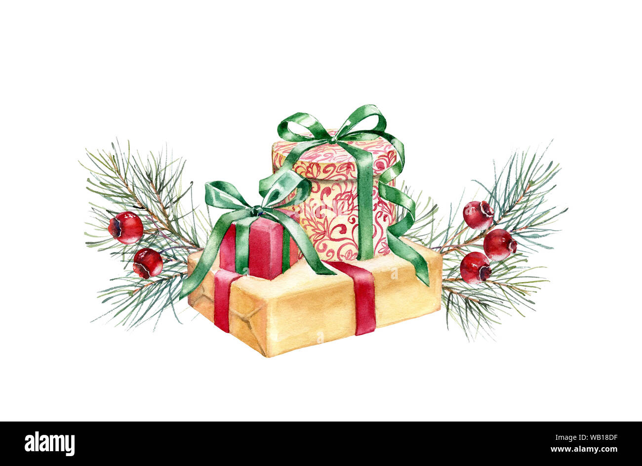 Composition aquarelle de Noël. Illustration peinte à la main avec des arbres de pin, fruits rouges et présente. Cadeau de vacances d'hiver isolé sur fond blanc Banque D'Images