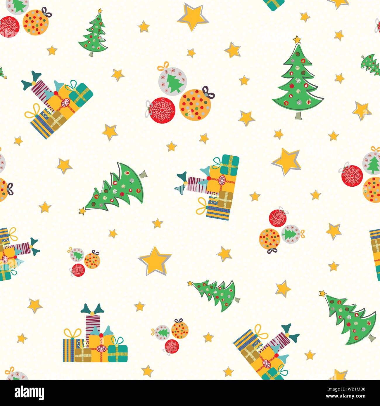 Les arbres de Noël multicolore dessiné à la main, des boîtes-cadeaux, de noël et des étoiles du design. Modèle vectoriel continu sur fond texturé de lumière. Grand pour tous les Illustration de Vecteur