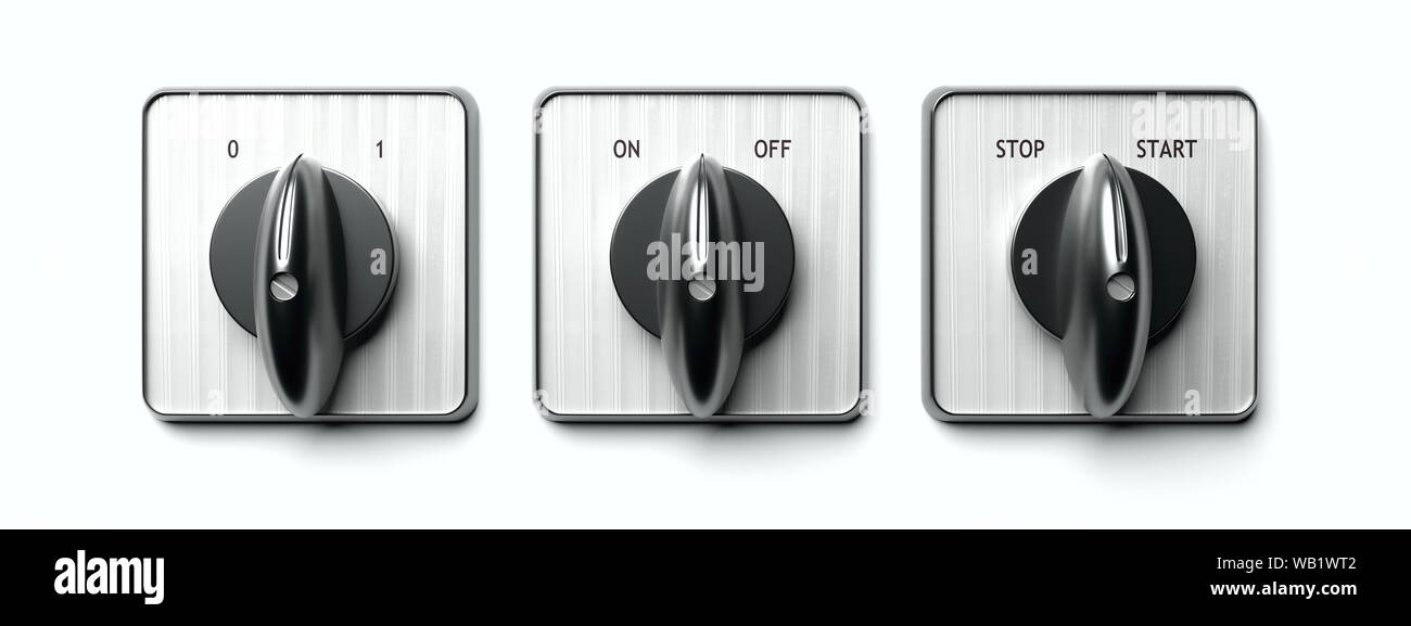 Commencer à s'arrêter de tourner sur le concept. L'interrupteur du panneau de commande industrielle ancienne rétro isolée ronde contre fond blanc, la bannière. 3d illustration Banque D'Images