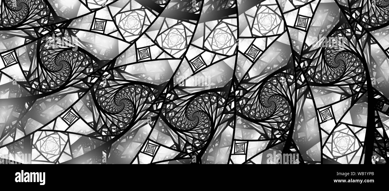 Vitraux translucides avec motif de Fibonacci, générée par ordinateur, cartes d'intensité abstrait noir et blanc, écran large de 8k, 3D Rendering Banque D'Images