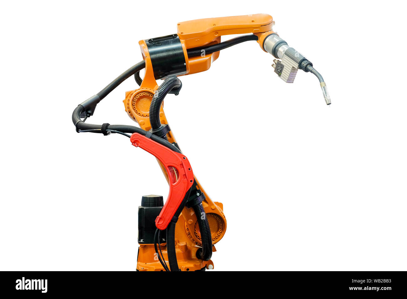 La soudure robotisée pour un travail de soudure sur smart factory, de l'industrie 4.0, isolé sur fond blanc Banque D'Images