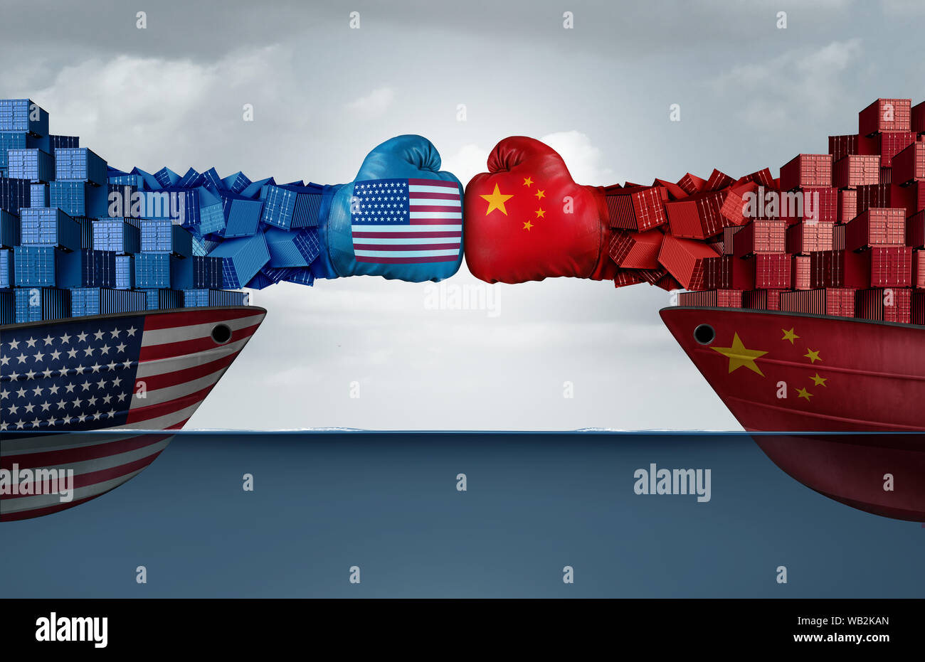 Chine États-Unis guerre commerciale et les tarifs américains et chinois lutte économique différend comme deux navires porte-conteneurs de fret d'importation et d'exportation au cours des combats. Banque D'Images